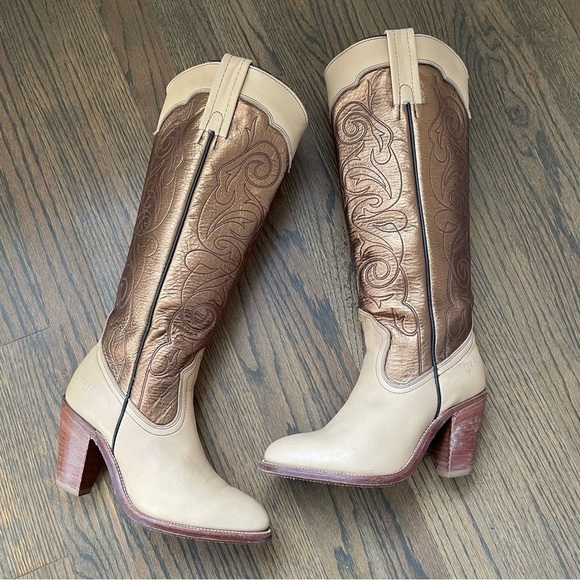 FRYE Metallic Gold Stitched Knee High Western Festival Cowboy Boots - Picture 12 of 15